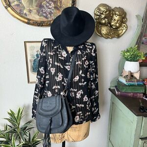 I Joah Black Pink Stripe Sheer Rose Floral Button Up Blouse Sz L Trendy